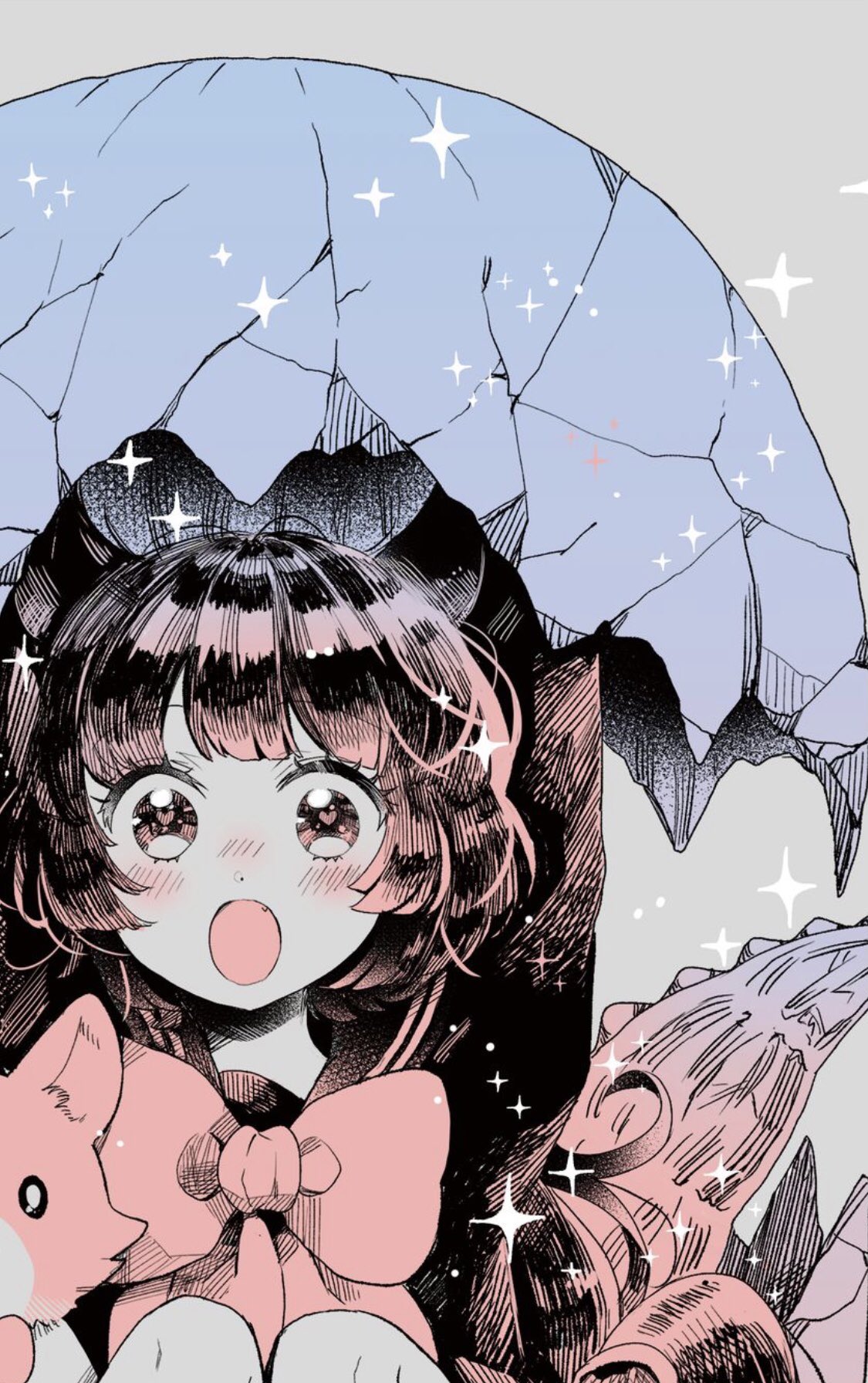 1girl, :o, akaishi_kuroe, black_hair, black_horns, blush, bow, dog