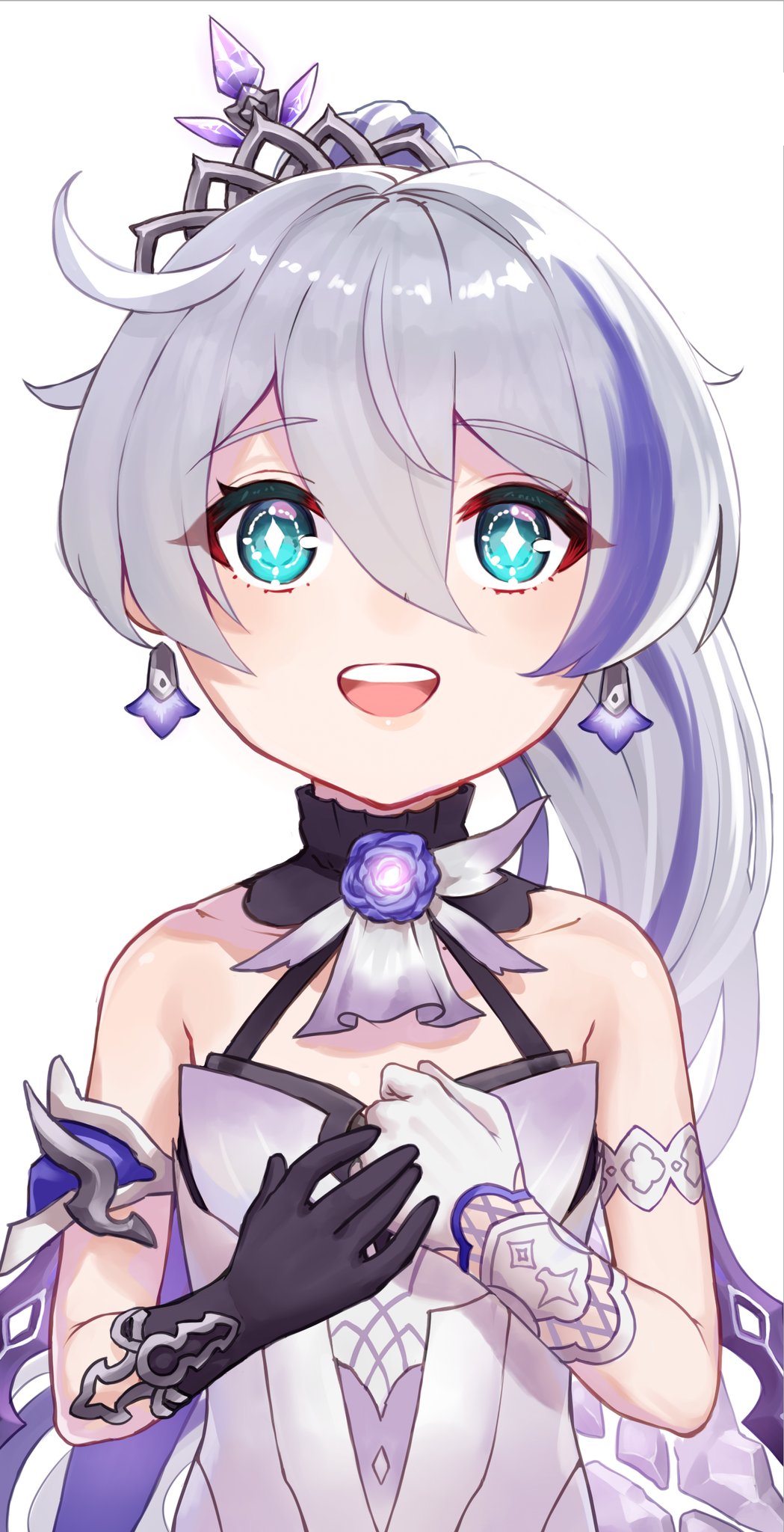 +_+, 1girl, :d, asymmetrical_gloves, bangs, bare_shoulders, black_gloves, crown