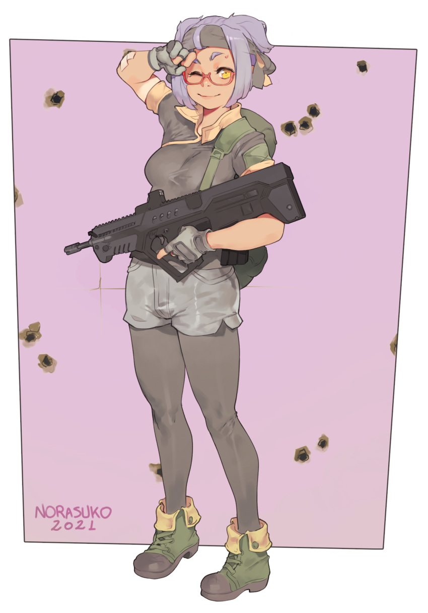 1girl, artist_name, bandage_on_elbow, bandana, boots, border, breasts, bullet_hole, bullpup, eyebrows_visible_through_hair, fingerless_gloves, gloves, grey_gloves, grey_hair, highres, legwear_under_shorts, looking_at_viewer, medium_breasts, norasuko, one_eye_closed, original, outside_border, pantyhose, purple_background, red-framed_eyewear, semi-rimless_eyewear, short_hair, shorts, smile, solo, tight, trigger_discipline, under-rim_eyewear, white_border, x95_(jarv), yellow_eyes