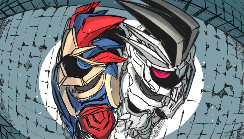 2boys, armor, back-to-back, belt, blue_eyes, bone, bone_armor, breastplate, brick_floor, commentary_request, dangerous_zombie_level_x, evil, fingers_together, helmet, highres, ichitaka_(1015ichitaka), kamen_rider, kamen_rider_ex-aid_(series), kamen_rider_genm, kamen_rider_para-dx, looking_at_viewer, looking_up, male_focus, multiple_boys, pauldrons, pelvic_curtain, perfect_knockout_gamer_level_99, red_eyes, shoulder_armor, skeleton, solo, spikes, visor, zombie_gamer_level_x