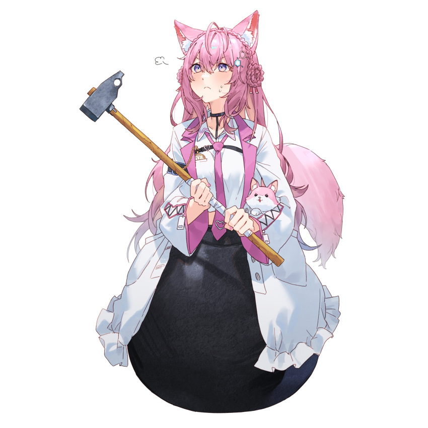 1girl, =3, animal_ear_fluff, animal_ears, antenna_hair, bangs, black_choker, braid, braided_bun, choker, collared_shirt, commentary_request, coyote_ears, coyote_girl, coyote_tail, crown_braid, double_bun, eyebrows_visible_through_hair, getting_over_it, hair_between_eyes, hakui_koyori, hammer, highres, holding, holding_hammer, hololive, in_cauldron, kokoro_(hakui_koyori), labcoat, long_hair, long_sleeves, looking_away, looking_up, necktie, pink_hair, pink_necktie, pocket_watch, shirt, simple_background, solo, sweat, tail, tsukino_(nakajimaseiki), v-shaped_eyebrows, violet_eyes, virtual_youtuber, watch, white_background, white_shirt