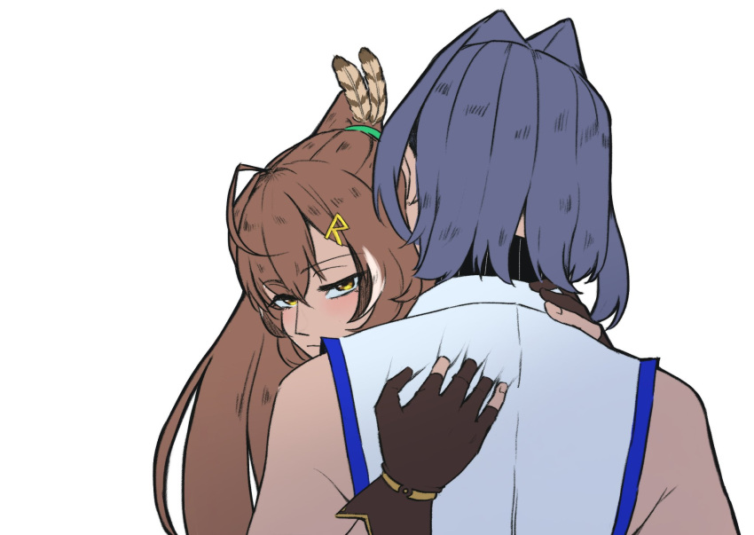 ahoge, bangs, blue_hair, brown_eyes, brown_hair, feather_hair_ornament, feathers, fingerless_gloves
