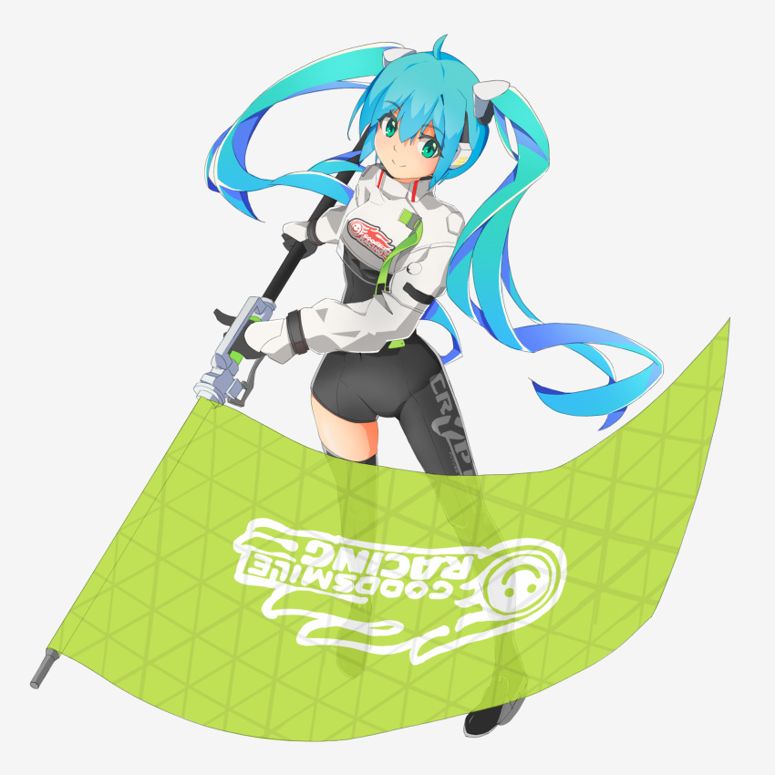 1girl, absurdres, ahoge, asymmetrical_bodysuit, black_bodysuit, black_footwear, black_gloves, black_legwear, blue_hair, bodysuit, boots, breasts, closed_mouth, commentary_request, flag, full_body, gloves, green_eyes, grey_background, hatsune_miku, headgear, highres, holding, holding_flag, jacket, long_hair, long_sleeves, looking_at_viewer, mamagogo_(gomaep), puffy_long_sleeves, puffy_sleeves, racing_miku, racing_miku_(2022), simple_background, single_thigh_boot, small_breasts, smile, solo, standing, thigh-highs, thigh_boots, twintails, very_long_hair, vocaloid, white_jacket
