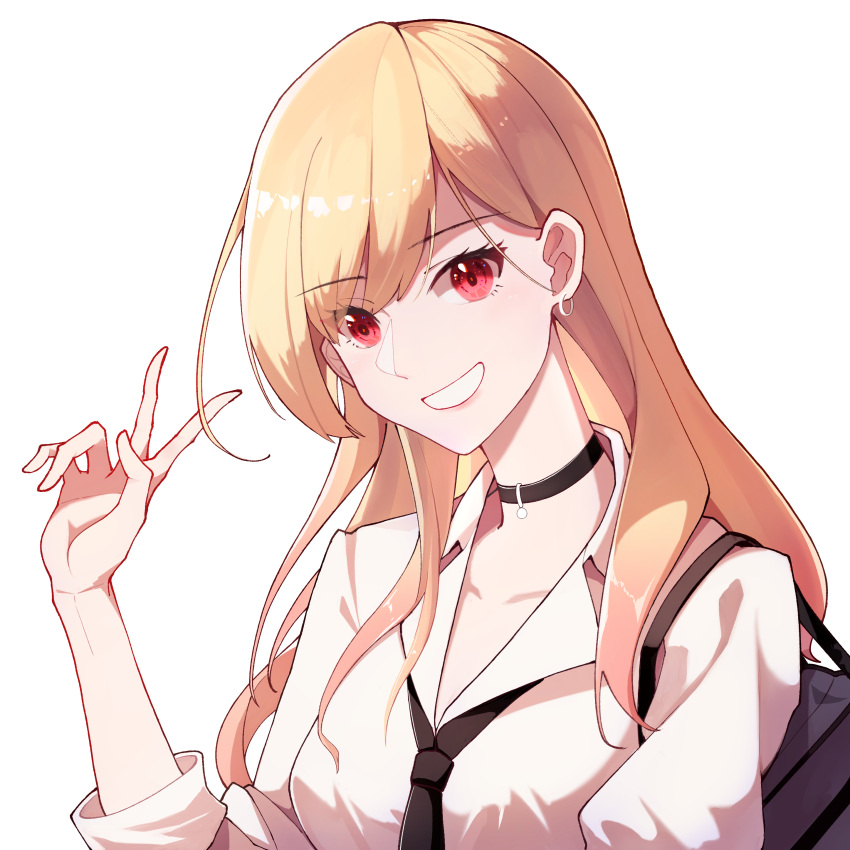 1girl, :d, absurdres, bag, black_choker, black_necktie, blonde_hair, choker