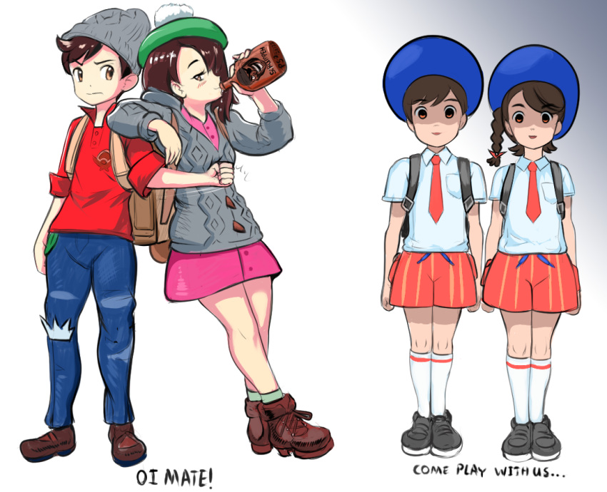 2boys, 2girls, alcohol, bangs, blue_headwear, blue_shirt, bob_cut, bottle, braid, breast_pocket, brown_eyes, brown_hair, cable_knit, cardigan, collared_shirt, denim, dress, english_text, female_protagonist_(pokemon_sv), gloria_(pokemon), grady_sisters_(the_shining), green_headwear, grey_cardigan, grey_headwear, hat, holding, holding_bottle, hooded_cardigan, jeans, male_protagonist_(pokemon_sv), multiple_boys, multiple_girls, necktie, orange_necktie, pants, pink_dress, pocket, pokemon, pokemon_(game), pokemon_sv, pokemon_swsh, profitshame, red_necktie, red_shirt, red_shorts, shaded_face, shirt, short_hair, shorts, side_braid, single_braid, sleeves_rolled_up, striped, striped_shorts, swept_bangs, tam_o'_shanter, the_shining, torn_clothes, torn_jeans, torn_pants, vertical-striped_shorts, vertical_stripes, victor_(pokemon)