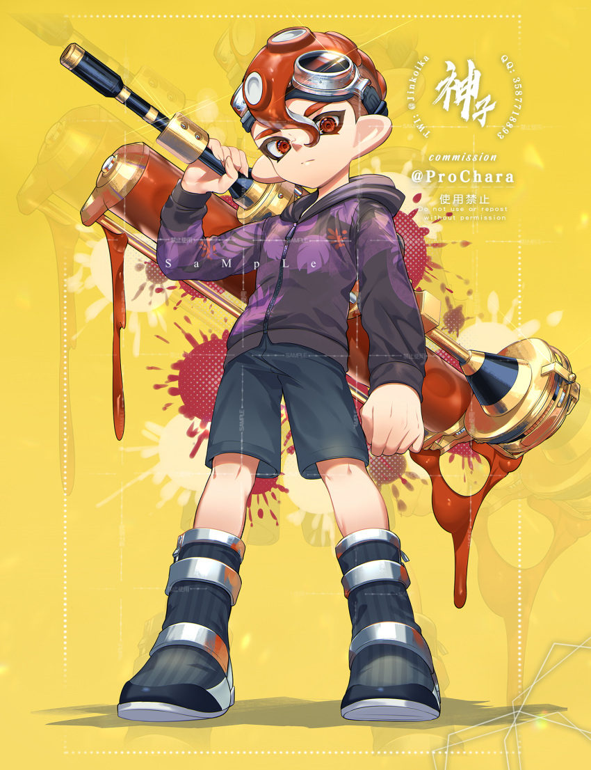 1boy, bike_shorts, black_footwear, highres, holding, holding_weapon, hood, hoodie