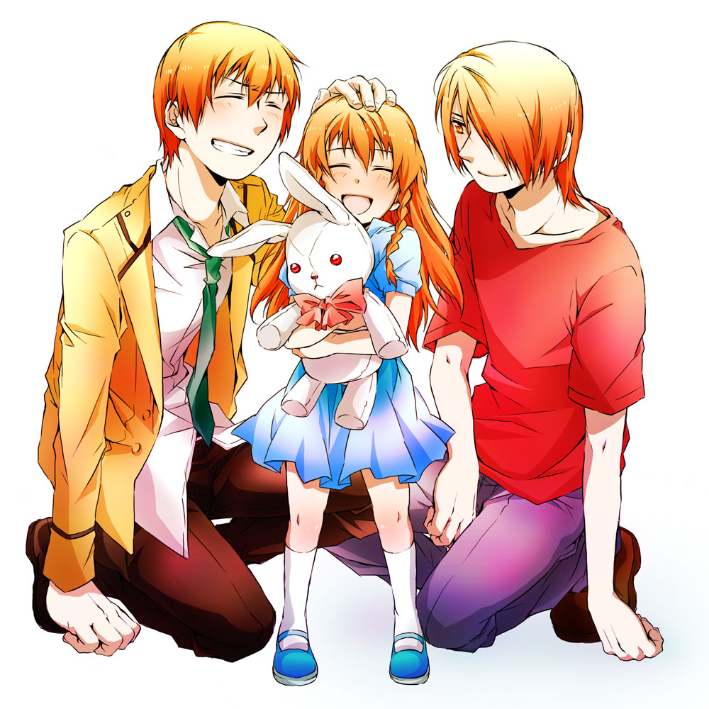 :d, artist_request, braid, brother_and_sister, bunny, closed_eyes, dual_persona, hair_over_one_eye