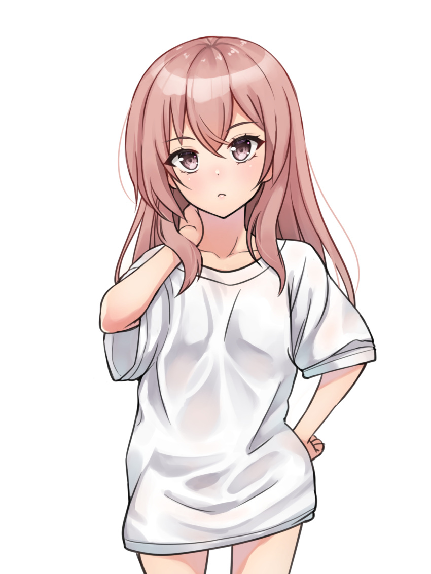 1girl, bangs, breasts, crossed_bangs, hair_between_eyes, highres, inui_sajuna, long_hair, looking_at_viewer, minazuki_minao, pink_eyes, pink_hair, shirt, simple_background, small_breasts, solo, sono_bisque_doll_wa_koi_wo_suru, standing, white_background, white_shirt