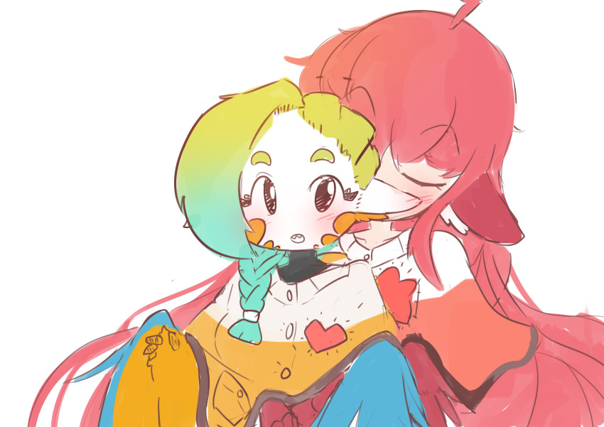2girls, absurdres, ahoge, animal_ears, bangs, bird_ears, black_eyes, blonde_hair