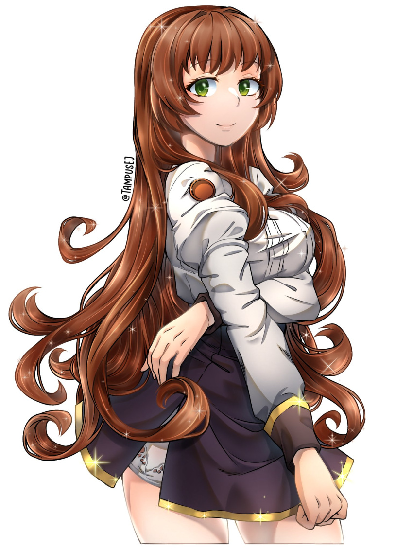 1girl, arm_under_breasts, bangs, black_skirt, breasts, brown_hair, english_commentary, eyebrows_visible_through_hair