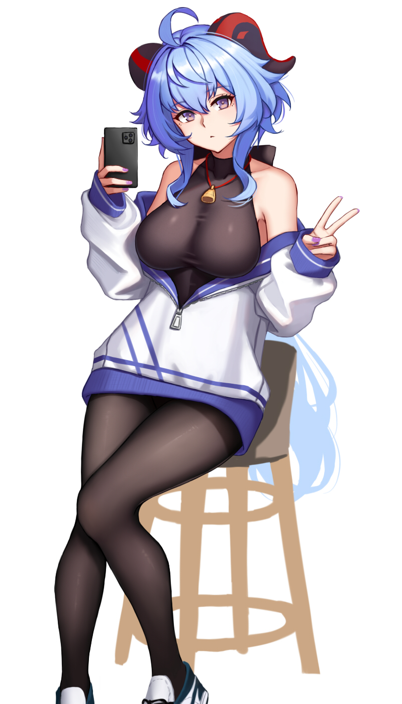 1girl, ahoge, alternate_costume, bangs, bare_shoulders, blue_hair, bodysuit, cellphone