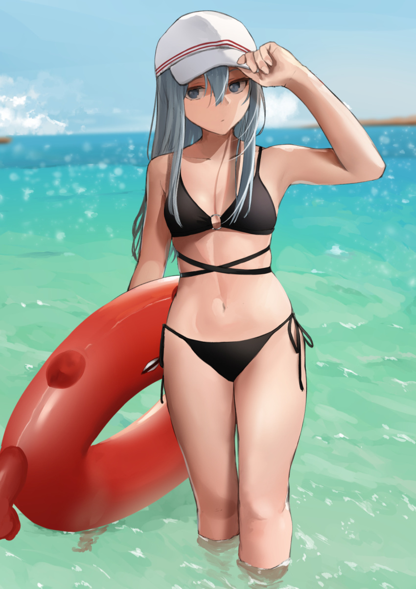 1girl, bangs, bikini, black_bikini, blue_eyes, breasts, closed_mouth, clouds