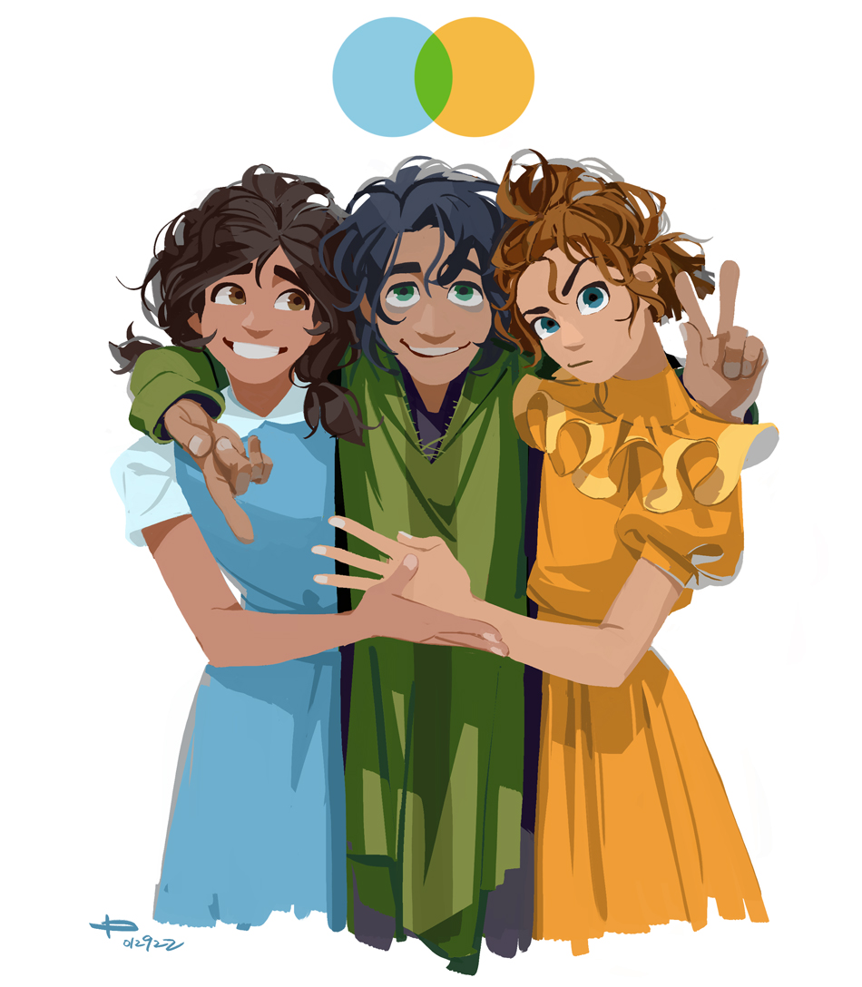 1boy, 2girls, aqua_eyes, arm_around_neck, arm_behind_head, bags_under_eyes, black_hair, blue_dress