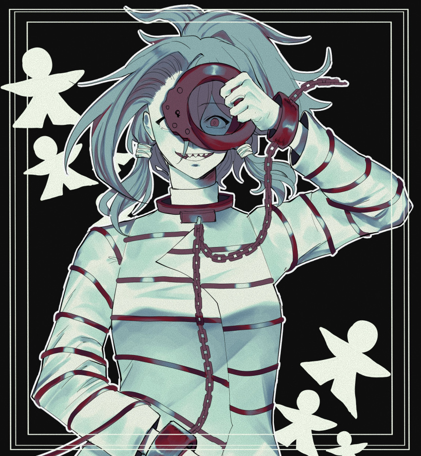 1girl, absurdres, ahoge, arm_up, bangs, black_background, breasts, chain