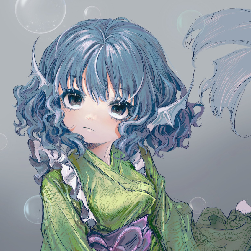 1girl, 80isiiii, air_bubble, bangs, blue_eyes, blue_hair, breasts, bubble