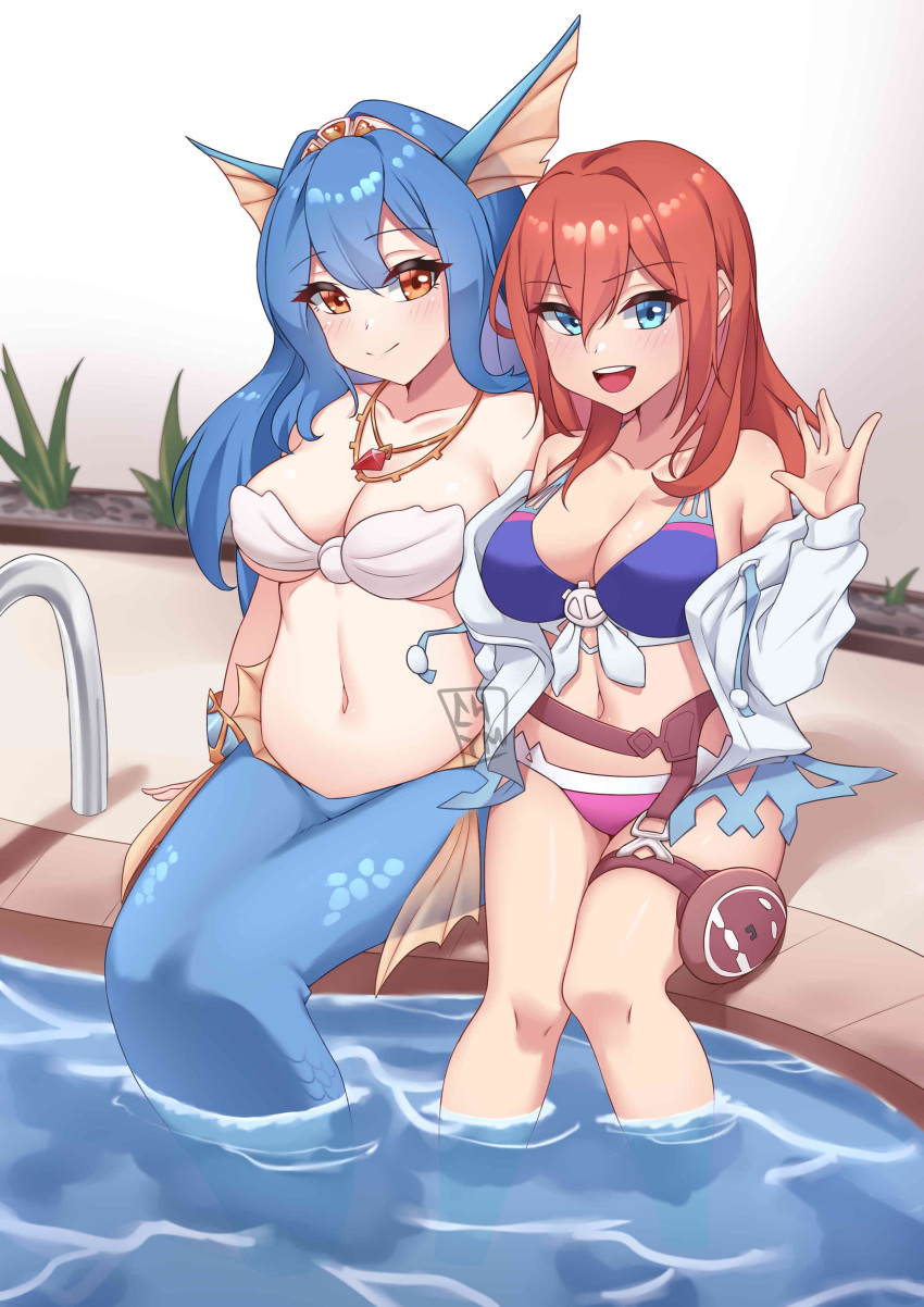 2girls, absurdres, amelia_(world_flipper), bikini, blue_eyes, blue_hair, blush, brown_eyes