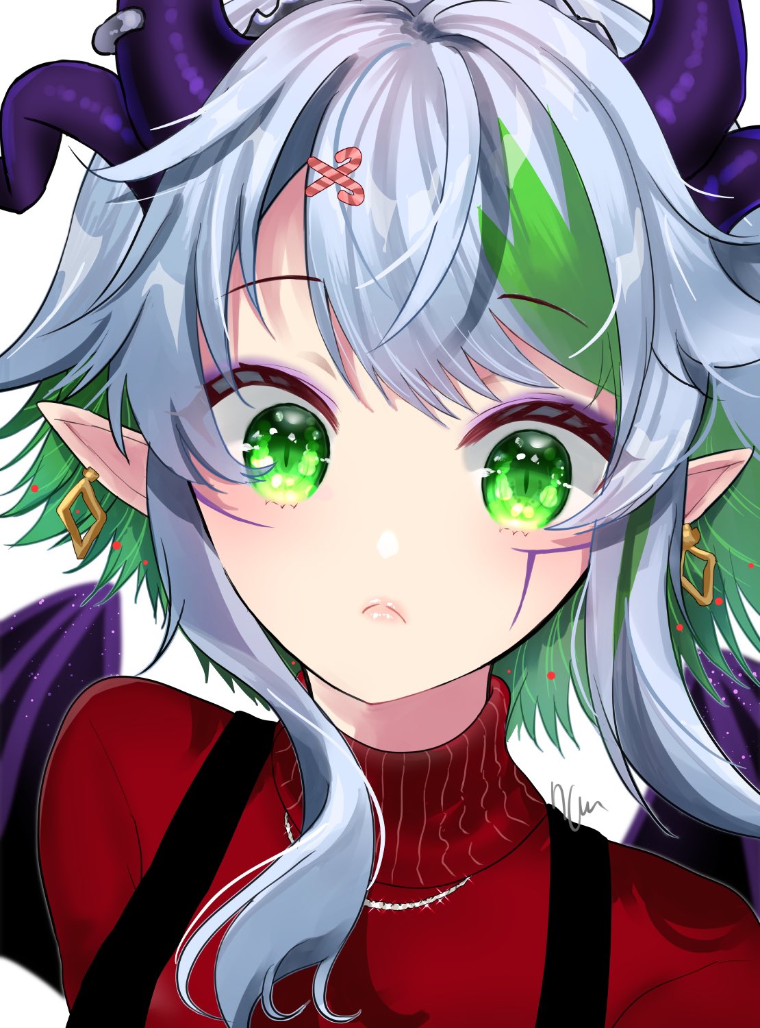 1girl, 7cm13cm, blue_hair, bsapricot_(vtuber), candy_cane_hair_ornament, closed_mouth, demon_wings, eyebrows_visible_through_hair