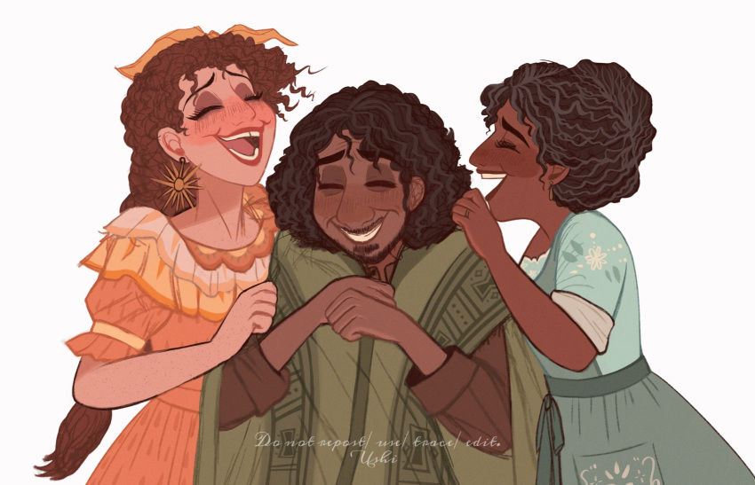 1boy, 2girls, apron, aqua_dress, beard, bow, braid, brother_and_sister