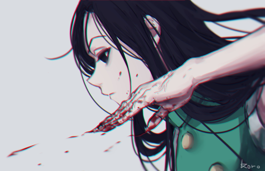 1boy, black_eyes, black_hair, blood, blood_on_hands, expressionless, from_side, hichi(hichi)