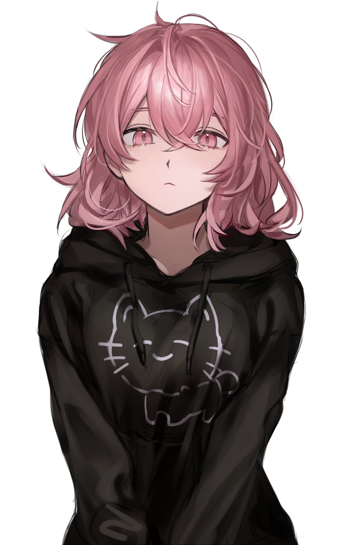 1girl, animal_print, bangs, black_hoodie, cat_print, closed_mouth, copyright_request, expressionless