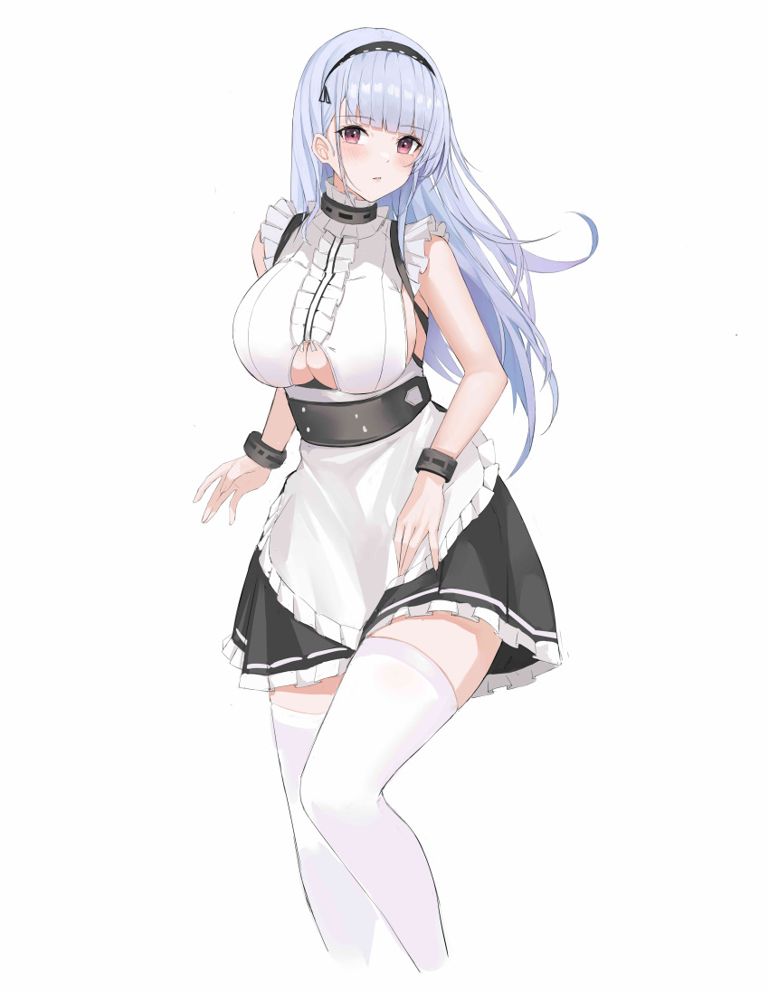 1girl, absurdres, apron, azur_lane, black_hairband, black_skirt, breasts, center_frills, clothing_cutout, collar, dido_(azur_lane), eyebrows_visible_through_hair, feet_out_of_frame, frilled_apron, frilled_shirt, frills, hairband, highres, huge_breasts, kuyoumi, looking_at_viewer, metal_collar, purple_hair, red_eyes, shirt, simple_background, skirt, sleeveless, sleeveless_shirt, solo, standing, thigh-highs, under_boob, underboob_cutout, white_apron, white_background, white_legwear, white_shirt, wrist_cuffs, zettai_ryouiki