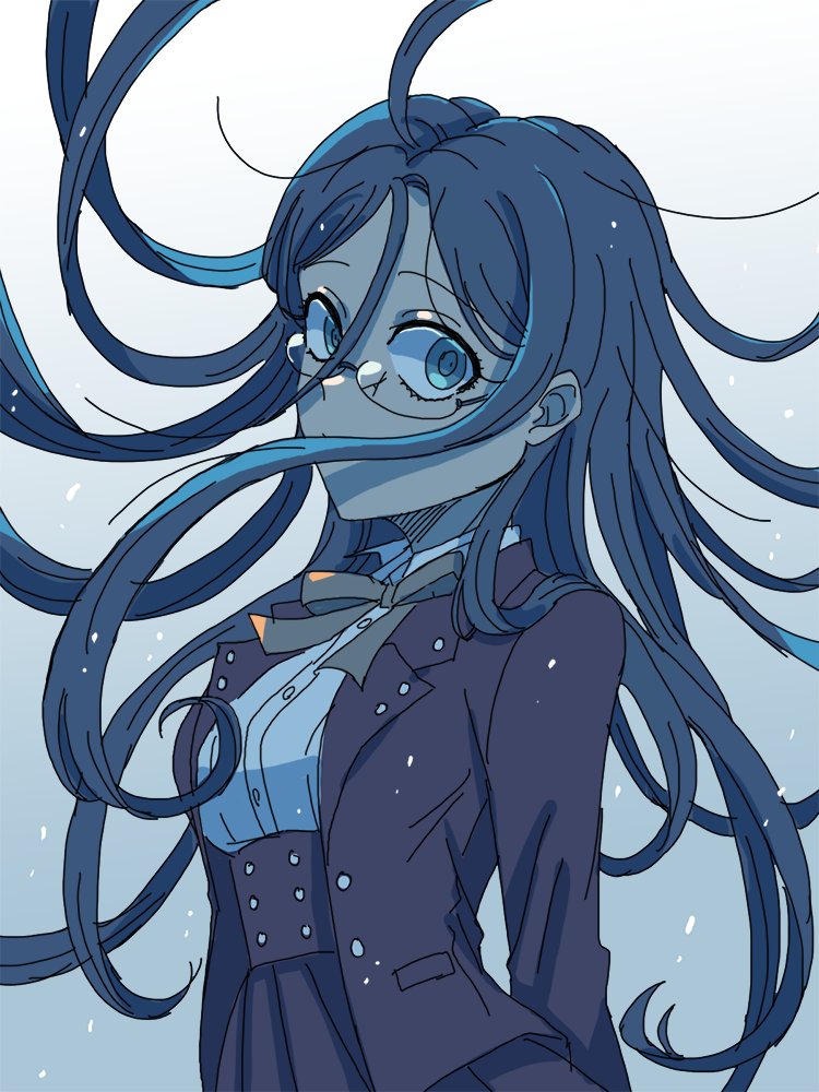 1girl, bangs, black_jacket, black_skirt, blue_hair, danganronpa_(series), danganronpa_v3:_killing_harmony, dress_shirt, glasses, gohan_(8823cobalt), gradient, gradient_background, grey_background, hair_between_eyes, jacket, long_hair, looking_at_viewer, messy_hair, neck_ribbon, open_clothes, open_jacket, pleated_skirt, red_ribbon, ribbon, shirogane_tsumugi, shirt, skirt, smile, upper_body, white_shirt
