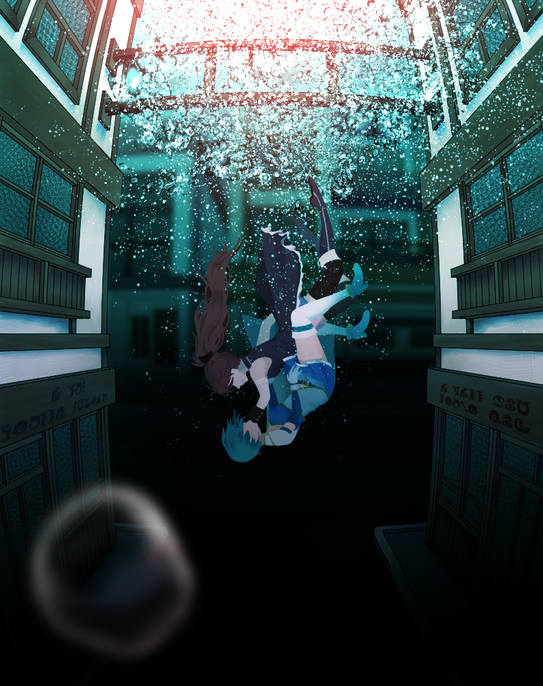 2girls, aoyagi_issa, blue_hair, bubble, falling, magical_girl, mahou_shoujo_madoka_magica, miki_sayaka