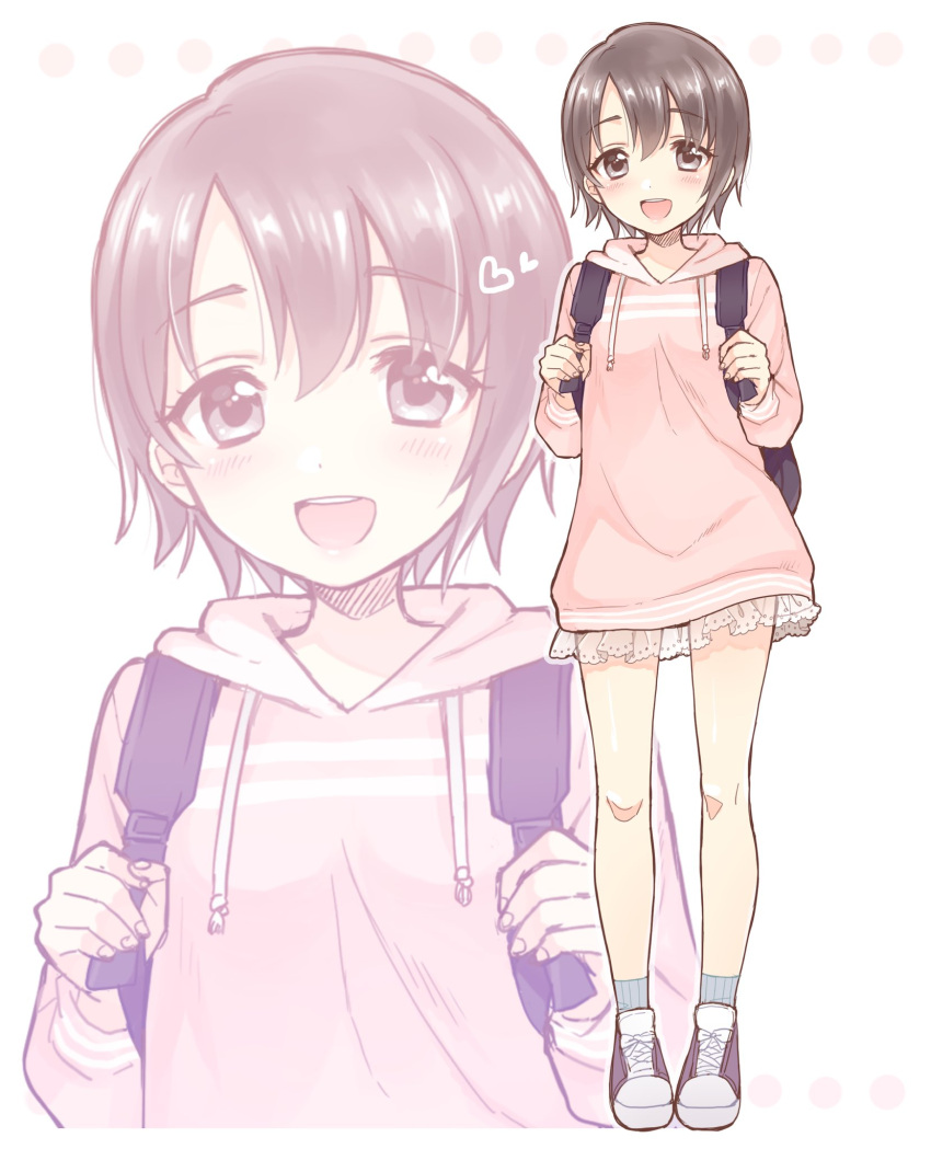 bag, bangs, bare_legs, blush, commentary_request, eyebrows_visible_through_hair, full_body, green_eyes, green_hair, heart, highres, holding_strap, hood, hoodie, idolmaster, idolmaster_cinderella_girls, long_sleeves, looking_at_viewer, otokura_yuuki, pink_hoodie, see-through, shoes, short_hair, skirt, smile, socks, solo, standing, tagme, teeth, upper_teeth, yui_(spica)