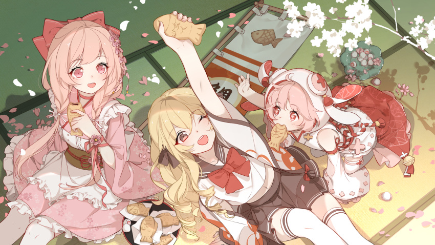 3girls, animal_ears, animal_hood, blonde_hair, brown_eyes, dayeye, fake_animal_ears, food