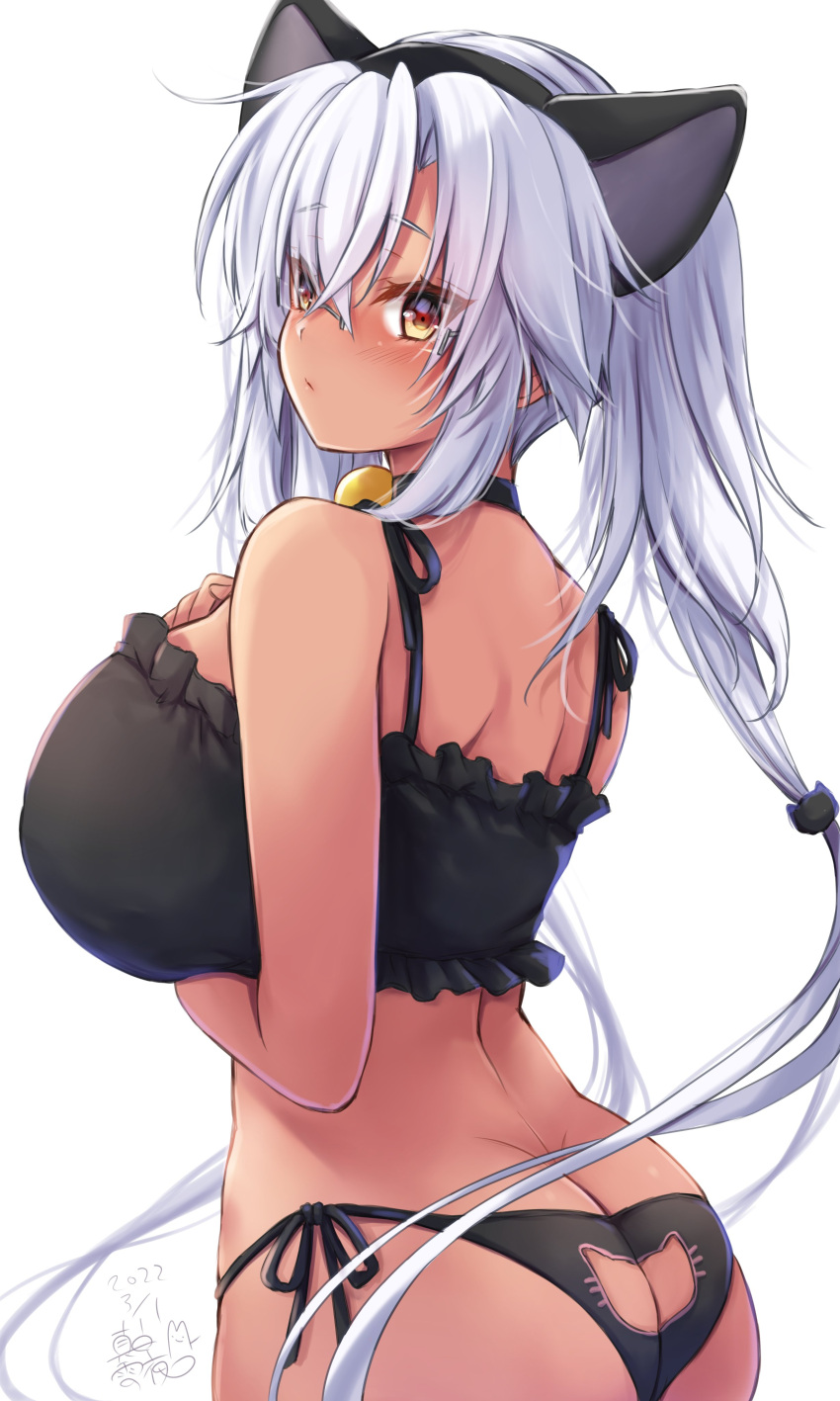 1girl, absurdres, alternate_costume, animal_ears, ass, ass_cutout, bell, black_bra