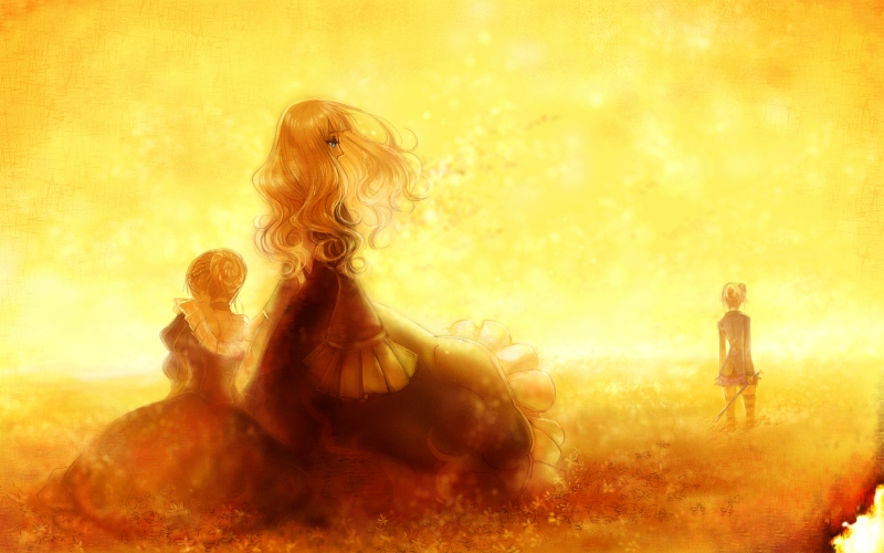 blonde_hair, dress, kimihiyo, long_hair, multiple_persona, thigh-highs, thighhighs, umineko_no_naku_koro_ni