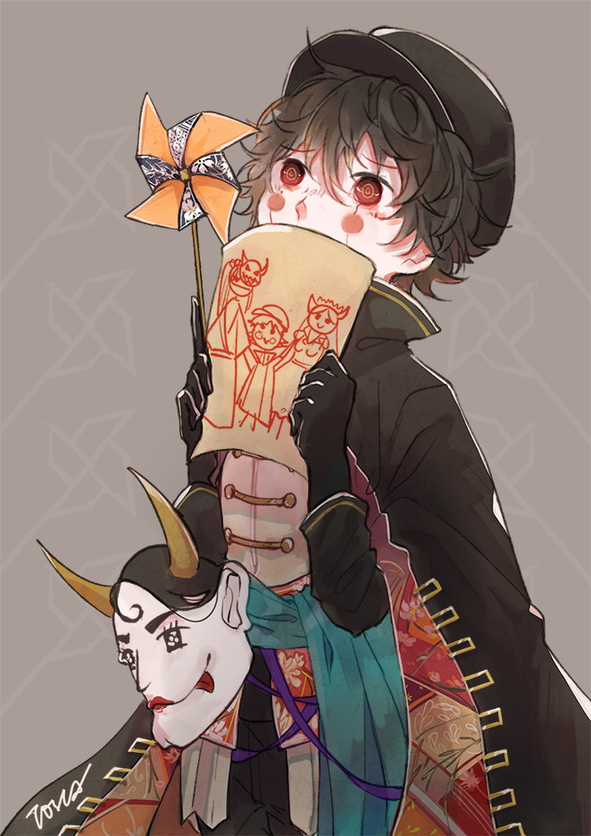 1girl, 2boys, blush, brown_hair, clothing_request, drawing, food_fantasy, hat, looking_to_the_side, mask, milk_(food_fantasy), multiple_boys, orochi_(food_fantasy), pale_skin, prajna_(food_fantasy), red_eyes, toscafroggie, traditional_clothes