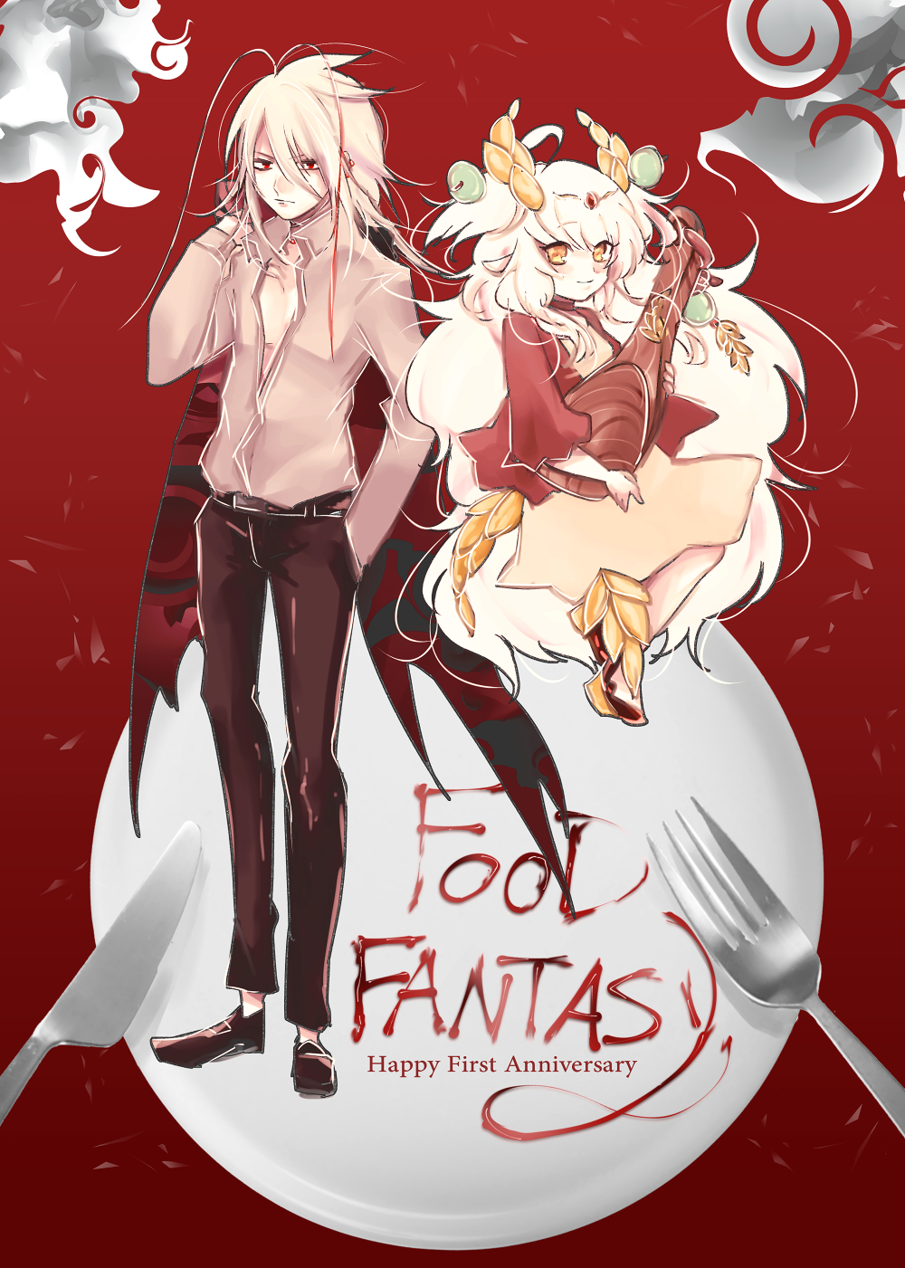 1boy, 1girl, boston_lobster_(food_fantasy), copyright_name, food_fantasy, fork, hair_ornament, highres