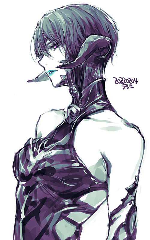 1girl, artist_name, au_ra, avatar_(ff14), bare_shoulders, blue_lips, bodysuit, collarbone