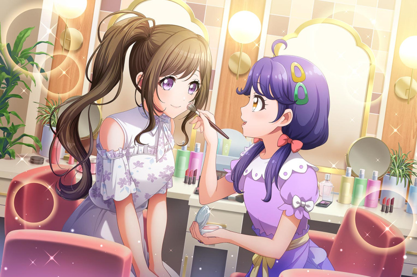 blush, brown_hair, d4dj, dress, long_hair, mizushima_marika, smile, violet_eyes