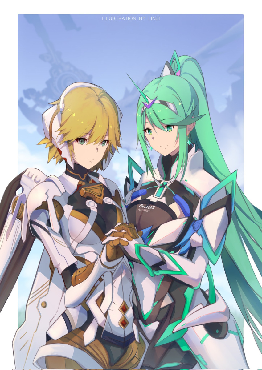 2girls, armor, bangs, blonde_hair, blue_eyes, breasts, chest_jewel, cyborg