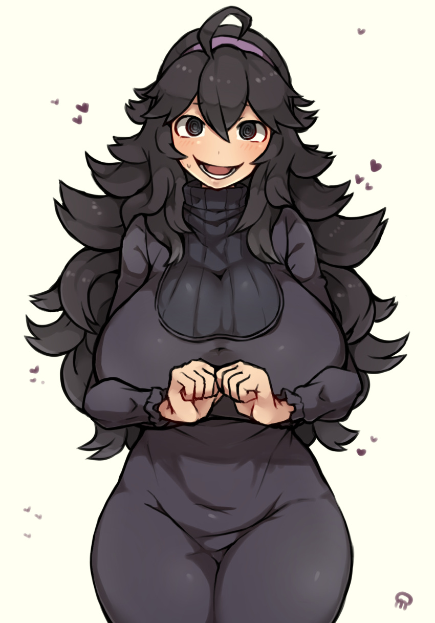 1girl, @_@, ahoge, alternate_breast_size, black_eyes, black_hair, breasts, commentary, cropped_legs, dress, headband, heart, hex_maniac_(pokemon), highres, large_breasts, long_dress, long_hair, looking_at_viewer, own_hands_together, pokemon, pokemon_(game), pokemon_xy, purple_headband, ribbed_sweater, simple_background, smile, solo, standing, sweater, umitsuki_(kurage_no_shokushu), white_background