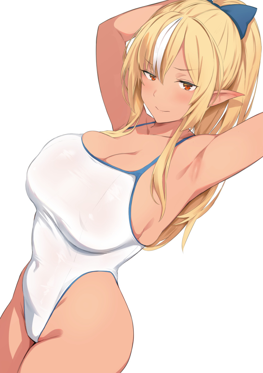 1girl, armpits, blonde_hair, breasts, competition_school_swimsuit, cowboy_shot, dark-skinned_female, dark_skin
