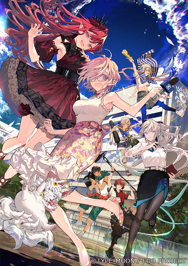 3girls, 4boys, arash_(fate), bangs, bare_shoulders, black_legwear, black_skirt, blue_sky, blush, breasts, captain_nemo_(fate), collared_shirt, dress, dress_shirt, earrings, emiya_shirou, fairy_knight_tristan_(fate), fangs, fate/grand_order, fate/prototype, fate/prototype:_fragments_of_blue_and_silver, fate_(series), floral_print, fou_(fate), grey_eyes, hair_over_one_eye, jewelry, large_breasts, light_purple_hair, long_hair, long_sleeves, looking_at_viewer, marine_nemo_(fate), mash_kyrielight, morgan_le_fay_(fate), multiple_boys, multiple_girls, nemo_(fate), nozaki_tsubata, official_art, open_mouth, pantyhose, pencil_skirt, pink_hair, pink_skirt, pointy_ears, red_dress, senji_muramasa_(fate), shirt, short_hair, sidelocks, skirt, sky, sleeveless, sleeveless_shirt, smile, thighs, tiara, violet_eyes, white_shirt