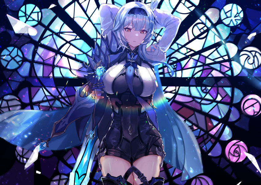 1girl, absurdres, arms_behind_head, bangs, black_hairband, black_legwear, blue_hair, blush