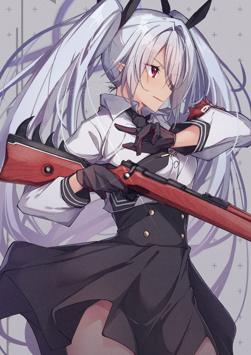 1girl, armband, asymmetrical_bangs, bangs, black_gloves, black_necktie, black_ribbon, black_skirt