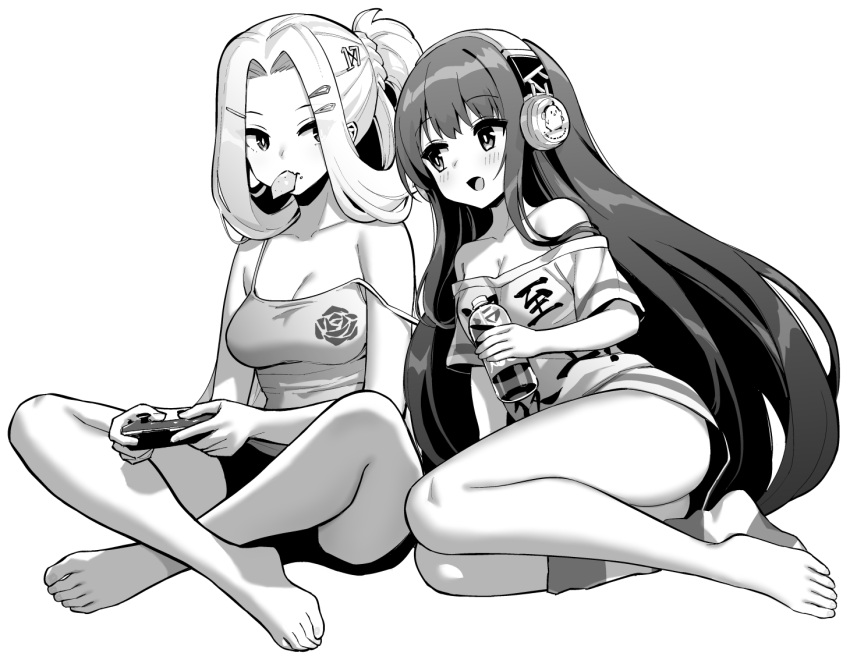 2girls, azur_lane, azur_lane:_slow_ahead, bangs, bare_legs, barefoot, blush, bottle