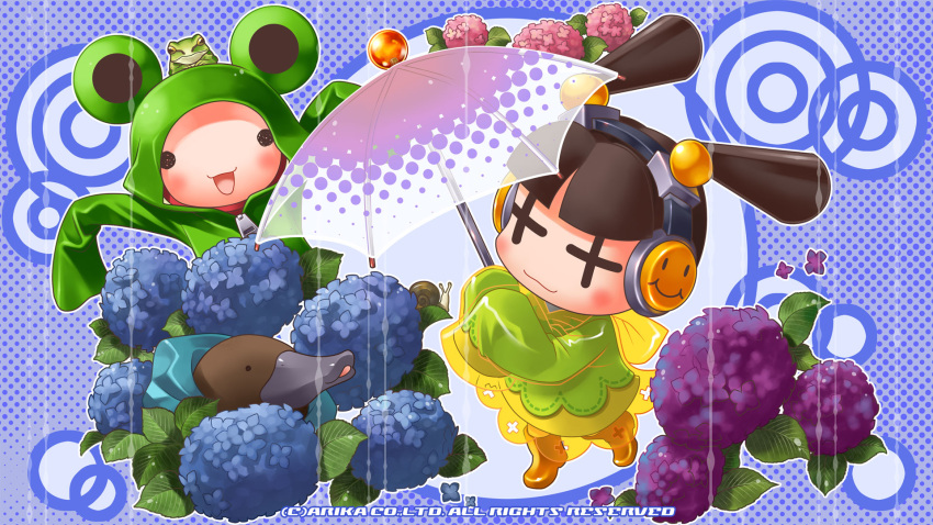 +_+, 1girl, animal_hood, black_hair, chibi, closed_mouth, frog, full_body