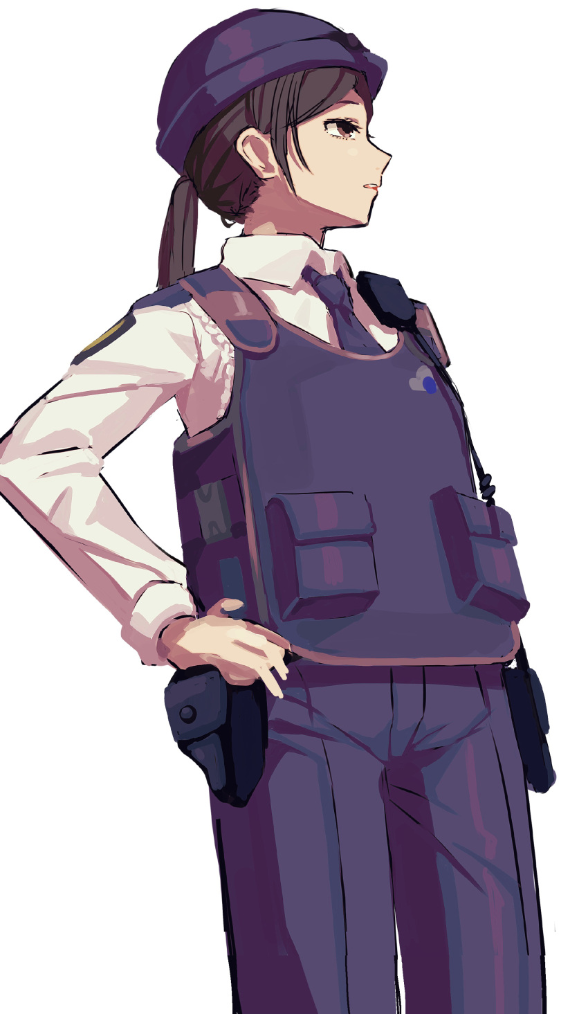 1girl, absurdres, blue_headwear, blue_necktie, blue_pants, breasts, brown_eyes, brown_hair