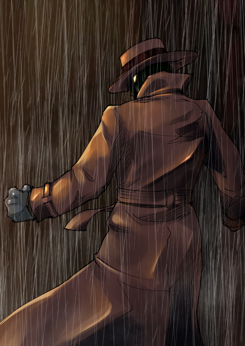 1boy, absurdres, belt, brown_coat, clenched_hand, coat, fedora, from_behind