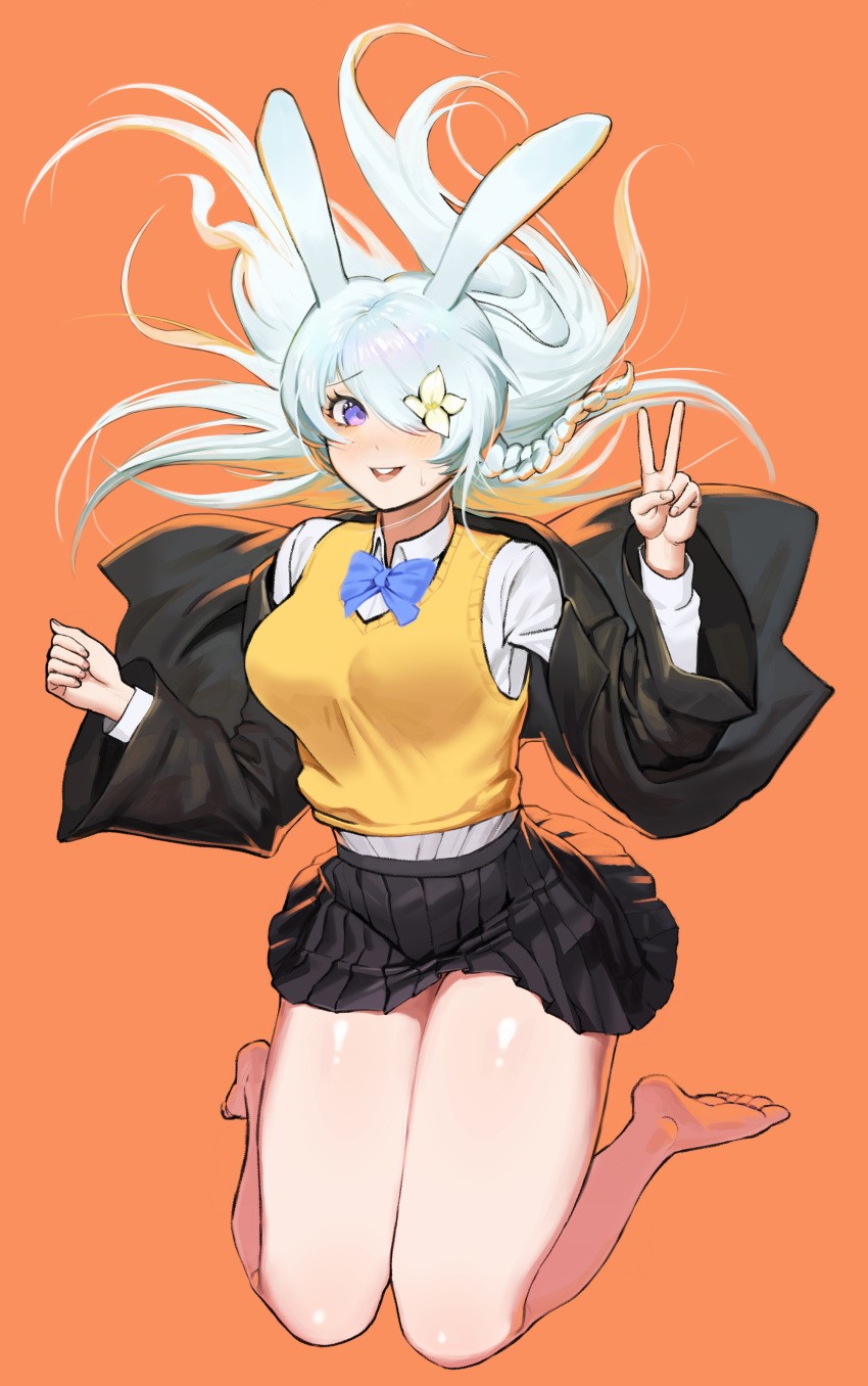 1girl, :d, absurdres, animal_ears, bangs, bare_legs, barefoot, black_jacket
