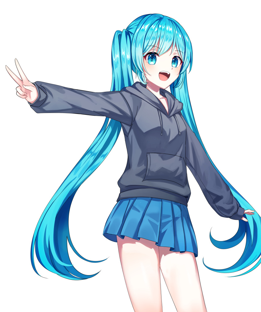 1girl, :d, absurdres, bangs, blue_eyes, blue_hair, blue_skirt, collarbone