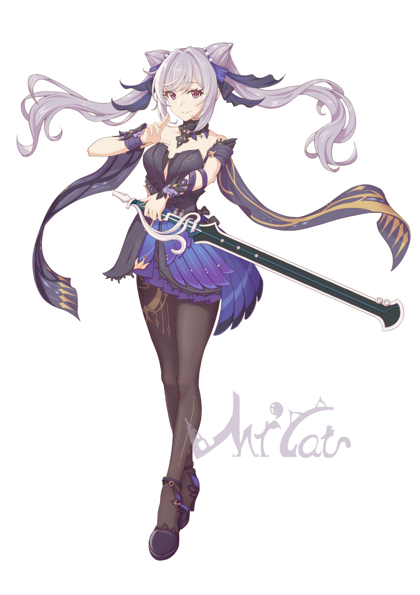 1girl, absurdres, asymmetrical_clothes, black_choker, black_footwear, black_legwear, blue_bow, blue_skirt, bow, brown_eyes, choker, closed_mouth, collarbone, floating_hair, full_body, genshin_impact, hair_bow, high_heels, highres, holding, holding_sword, holding_weapon, keqing_(genshin_impact), long_hair, miniskirt, pantyhose, pleated_skirt, quietmrcat, shiny, shiny_hair, silver_hair, simple_background, skirt, smile, solo, standing, strapless, sword, twintails, very_long_hair, weapon, white_background