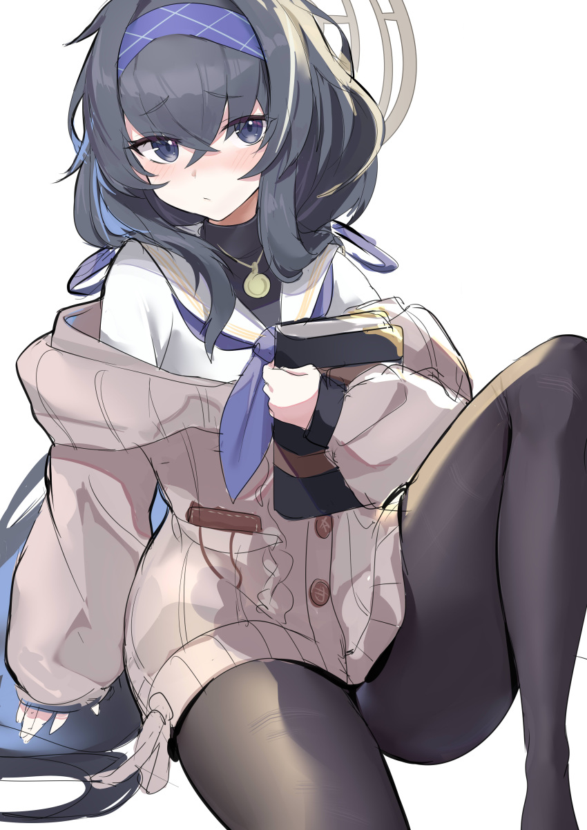 1girl, absurdres, bangs, black_hair, black_legwear, black_undershirt, blue_archive, blue_eyes