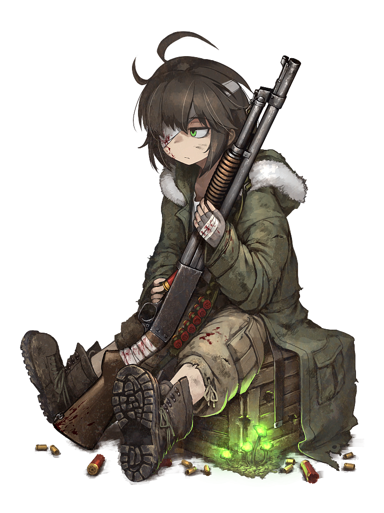 1girl, ahoge, bandage_over_one_eye, black_footwear, blood, blood_on_clothes, blood_on_face, boots